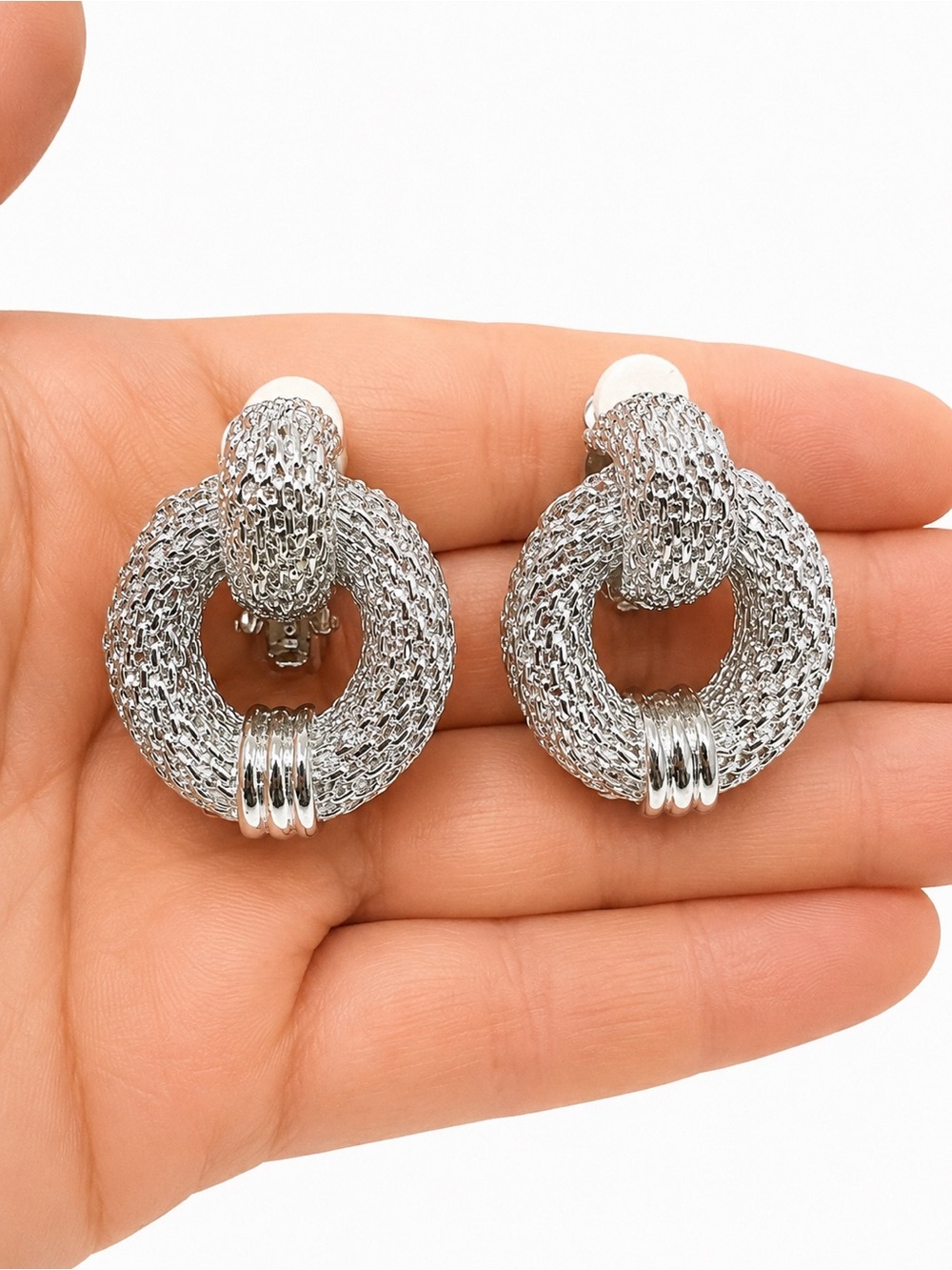 Vintage‎ Silver Tone Textured Clip-On Statement Earrings Door Knocker
